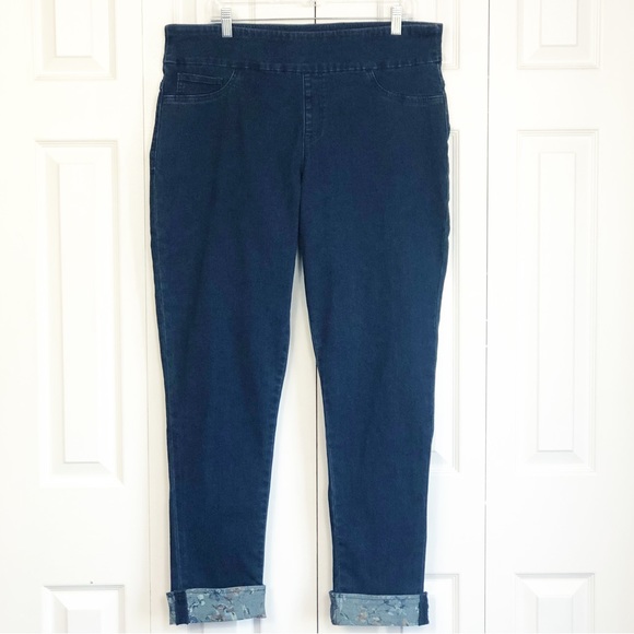 NWT Cactus + Pearl Dark Denim Floral Print Cuff Jeggings XL - Picture 1 of 16